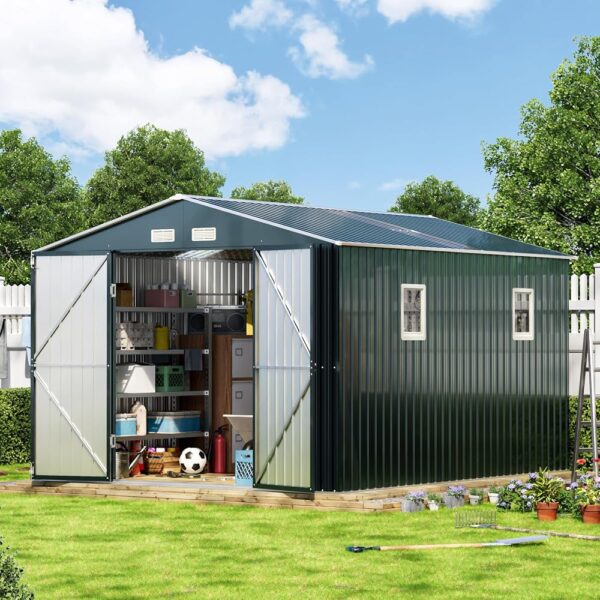 10X12X7.5 FT Outdoor Steel Storage Shed with Lockable Doors, 2 Windows, Transparent Roof Panels (Wood Panels & Frame Floor Not Included), Ideal for Patio Storage,Garbage Can,...