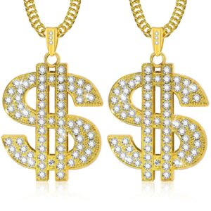 2 Pcs Gold Money Chain Necklaces Cuban Link Bracelet Set, 80s 90s Costume Jewelry Big Fake Gold Chains Dollar Sign Pendant Hip Hop Rapper Gold Digger Costume Accessories for Men...