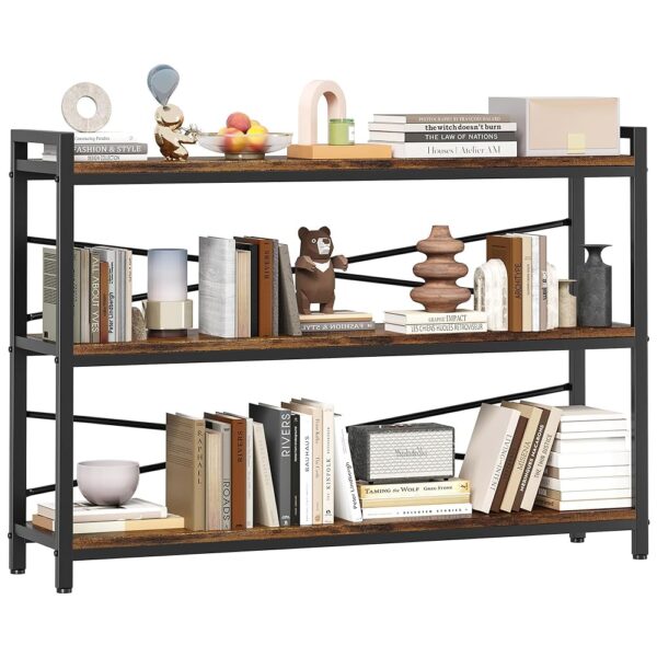 3 Tier Bookcase 47.24" Width, Long Industrial Book Shelf, Vintage Wooden Large Book Shelf for Home Living Room Bedroom Office Storage(Vintage)