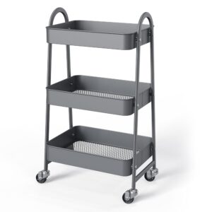 3 Tier Small Rolling Cart with Lockable Caster Wheels, Metal Utility Storage Organizer, Easy Assembly,for Kitchen, Bathroom, Bar, Office Shelves - Grey