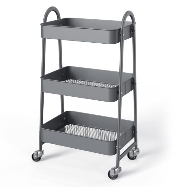 3 Tier Small Rolling Cart with Lockable Caster Wheels, Metal Utility Storage Organizer, Easy Assembly,for Kitchen, Bathroom, Bar, Office Shelves - Grey