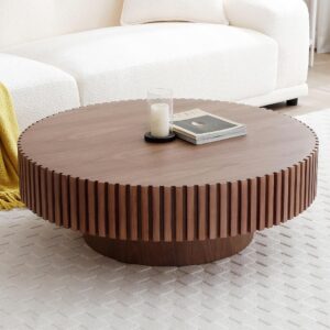 39.37" Small Wood Round Coffee Tables for Living Room Mid Century Modern Coffee Table, Handcrafted Fluted Design for Bedroom, Home Office