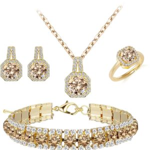 4pcs Cubic Zirconia Wedding Jewelry Sets for Bride Bridesmaid Cubic Zirconia Pendant Necklace Earrings Link Tennis Bracelet Open Ring Set for Women Birthday/Valentine's...