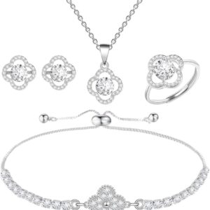 4pcs Cubic Zirconia Wedding Jewelry Sets for Bride Bridesmaid Cubic Zirconia Pendant Necklace Earrings Link Tennis Bracelet Open Ring Set for Women Birthday/Valentine's...