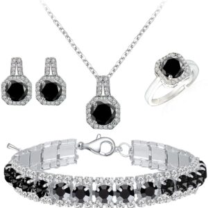 4pcs Cubic Zirconia Wedding Jewelry Sets for Bride Bridesmaid Cubic Zirconia Pendant Necklace Earrings Link Tennis Bracelet Open Ring Set for Women Birthday/Valentine's...