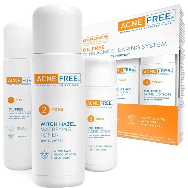 Acne Free 3 Step 24 Hour Acne Treatment Kit - Clearing System W Oil Free Acne Cleanser, Witch Hazel Toner, & Oil Free Acne Lotion - Acne Solution W/ Benzoyl Peroxide for Teens...