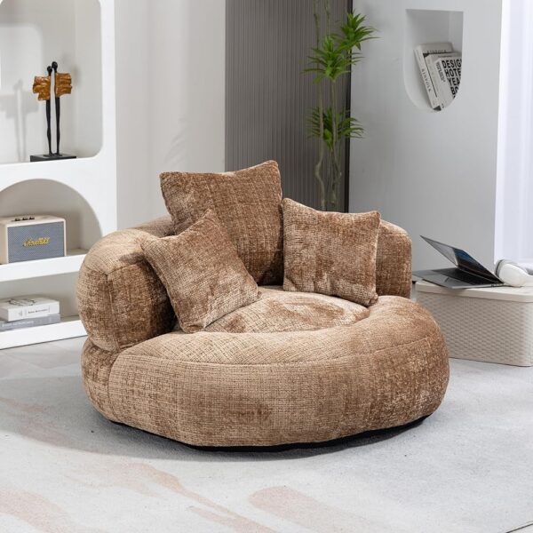 Ball & Cast Oversize Oval Padded Lounger Chair, Upholstered Bean Bag Couch with 3 Pillows & Wrap-Around Backrest for Adults, Chenille Fabric Lazy Floor Beanbag-Chair Sofa, Coffee