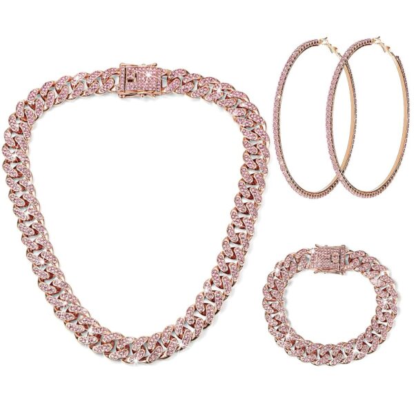 Batiyeer Cuban Link Chain Necklace Bracelet Rhinestone Earrings Bling Necklace Bracelet Crystal Big Circle Earring for Women