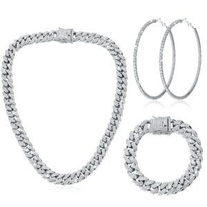 Batiyeer Cuban Link Chain Necklace Bracelet Rhinestone Earrings Bling Necklace Bracelet Crystal Big Circle Earring for Women