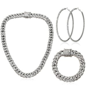 Batiyeer Cuban Link Chain Necklace Bracelet Rhinestone Earrings Bling Necklace Bracelet Crystal Big Circle Earring for Women