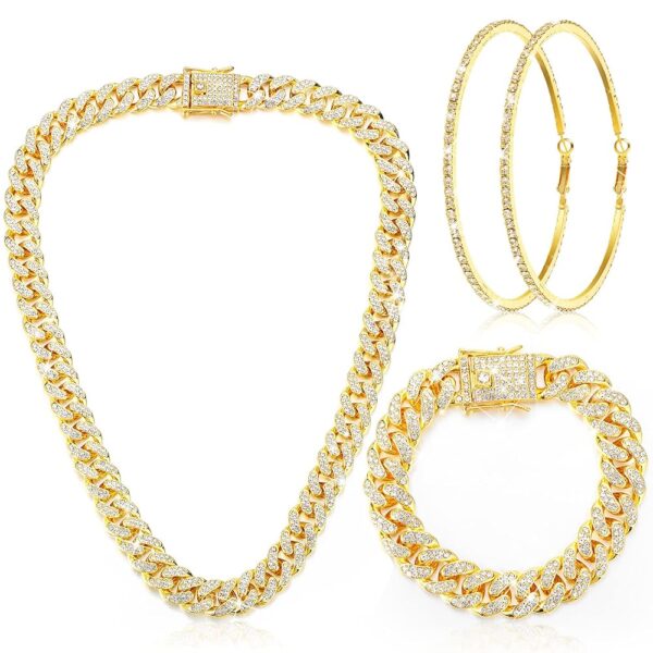 Batiyeer Cuban Link Chain Necklace Bracelet Rhinestone Earrings Bling Necklace Bracelet Crystal Big Circle Earring for Women