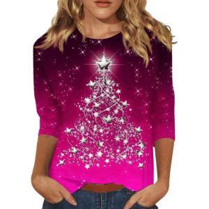 Christmas Shirts for Women Glitter Cute Xmas Tree Print 3/4 Sleeve Tops Crewneck Pullover Sweatshirt Holiday Clothes