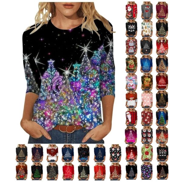 Christmas Shirts for Women Glitter Cute Xmas Tree Print 3/4 Sleeve Tops Crewneck Pullover Sweatshirt Holiday Clothes