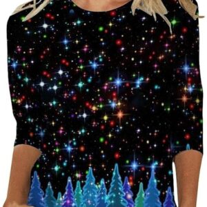 Christmas Shirts for Women Glitter Cute Xmas Tree Print 3/4 Sleeve Tops Crewneck Pullover Sweatshirt Holiday Clothes