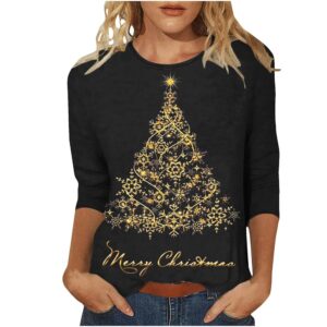 Christmas Shirts for Women Glitter Cute Xmas Tree Print 3/4 Sleeve Tops Crewneck Pullover Sweatshirt Holiday Clothes