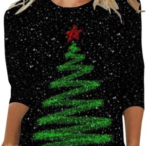 Christmas Shirts for Women Glitter Cute Xmas Tree Print 3/4 Sleeve Tops Crewneck Pullover Sweatshirt Holiday Clothes