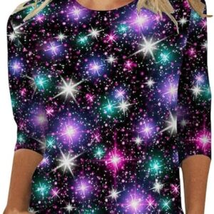 Christmas Shirts for Women Glitter Cute Xmas Tree Print 3/4 Sleeve Tops Crewneck Pullover Sweatshirt Holiday Clothes