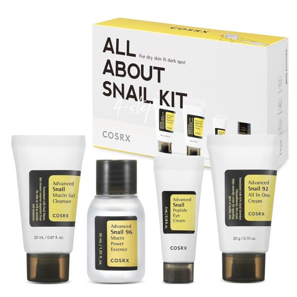 COSRX All About Snail Mucin Korean Skin Care Set, Mini Travel Essentials, Travel Size Gift Set with Snail Mucin Face Wash, Serum, Moisturizer & Eye Cream, Rejuvenating Kit