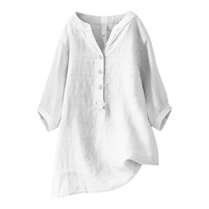 Cotton Linen Shirts for Women 2025 Casual Loose Gauze Shirt V Neck Short Sleeve Womens Tops Trendy Dressy Blouses