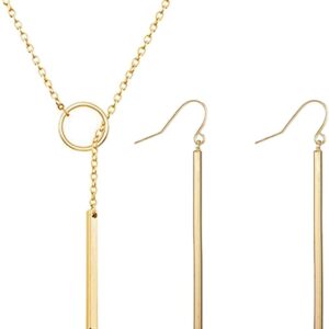 Dcfywl731 Minimal Dainty Gold Plated Dangle Earrings Layered Bar Pendant Neckalce Gold Long Y-Necklace Gold Earrings and Necklaces Set Delicate Lariat Chain Jewelry for Women