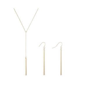 Dcfywl731 Minimal Dainty Gold Plated Dangle Earrings Layered Bar Pendant Neckalce Gold Long Y-Necklace Gold Earrings and Necklaces Set Delicate Lariat Chain Jewelry for Women