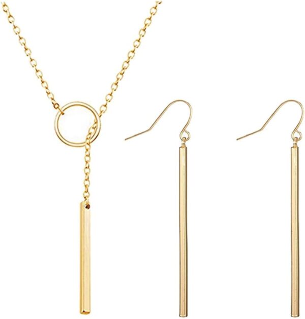 Dcfywl731 Minimal Dainty Gold Plated Dangle Earrings Layered Bar Pendant Neckalce Gold Long Y-Necklace Gold Earrings and Necklaces Set Delicate Lariat Chain Jewelry for Women