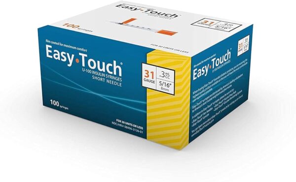 EasyTouch U-100 Insulin Syringe with Needle, 31G 0.3cc 5/16-Inch (8mm), Box of 100