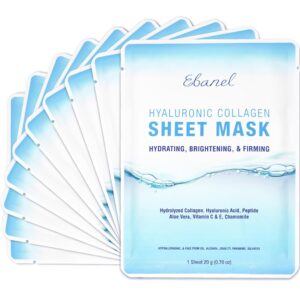 Ebanel 10 Pack Collagen Peptide Hydrating Face Masks, Instant Brightening Firming Anti Aging Face Sheet Masks, Moisturizing Spa Facial Mask Skincare with Hyaluronic Acid,...