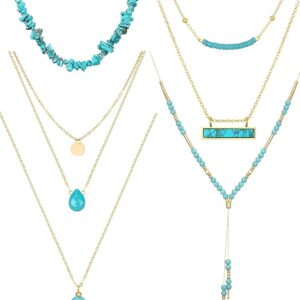 Estune 6 Pcs Boho Necklaces for Women Gold and Turquoise Necklace Suede Choker Western Leather Necklace Long Chain Tassels Necklace