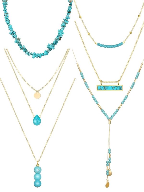 Estune 6 Pcs Boho Necklaces for Women Gold and Turquoise Necklace Suede Choker Western Leather Necklace Long Chain Tassels Necklace