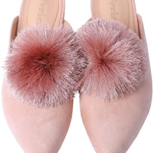 Fericzot Slip On Mule Backless Loafers Flats Puff Pompom Pointed Toe Casual Shoes Slippers