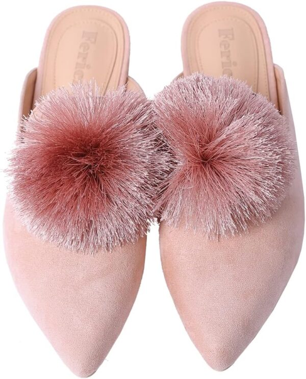 Fericzot Slip On Mule Backless Loafers Flats Puff Pompom Pointed Toe Casual Shoes Slippers