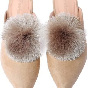 Fericzot Slip On Mule Backless Loafers Flats Puff Pompom Pointed Toe Casual Shoes Slippers