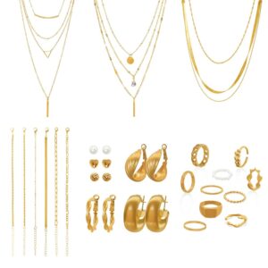 Fumwase Gold Jewelry Set for Women Girls Fashion Costume Jewelry Multi Layered Necklaces Stackable Bracelets Hoop Earrings Knuckle Rings for Valentine Anniversary Birthday Gift