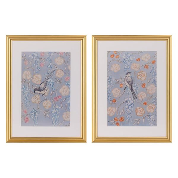 Gallery Solutions Set of 2 Framed Blue Bird Art Prints - 12x16 Matted Floral Prints with Gold Foil Frame for Bedroom, Bathroom, Living Room Wall Decor