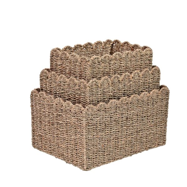 happimess BSK2013A-3SET Arden Coastal Cottage Seagrass Scalloped Rectangular Organizing Storage Baskets, Natural (Set of 3) for Storage and Decoration in Bathroom, Bedroom,...