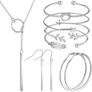 Hicarer Simple Bar Jewelry Set Vertical Bar Necklace Earrings Adjustable Cuff Bracelet for Women