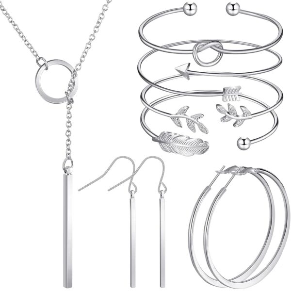 Hicarer Simple Bar Jewelry Set Vertical Bar Necklace Earrings Adjustable Cuff Bracelet for Women