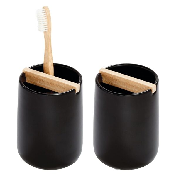 iDesign Toothbrush Holder with Removable Wood Divider-Set of 2-Matte Black