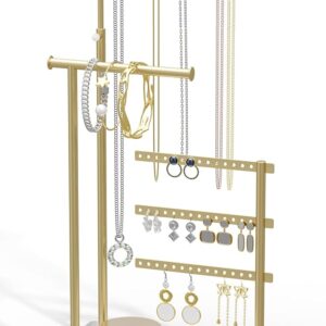 Jewelry Holder Organizer Stand - Adjustable Tall 17.5" (Max), Gift for Women, Gold Jewelry Hanger for Necklaces, Earrings, Bracelets, Rings