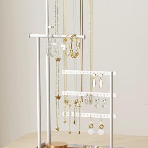 Jewelry Holder Organizer Stand - Adjustable Tall 17.5" (Max), Sturdy Jewelry Hanger for Necklaces, Earrings, Bracelets, Rings, Jewlery Display and Storage, White, Metal