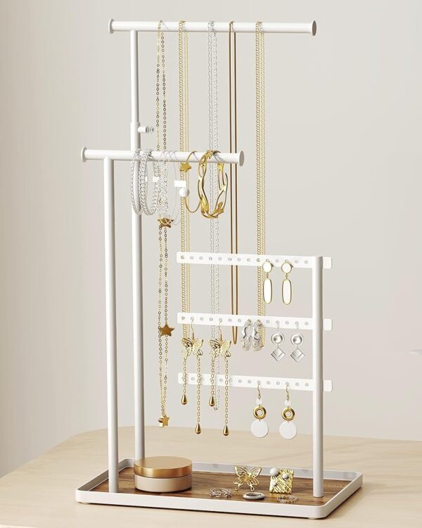 Jewelry Holder Organizer Stand - Adjustable Tall 17.5" (Max), Sturdy Jewelry Hanger for Necklaces, Earrings, Bracelets, Rings, Jewlery Display and Storage, White, Metal