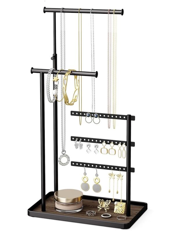 Jewelry Holder Organizer Stand - Adjustable Tall 17.5" (Max), Sturdy Jewelry Hanger for Necklaces, Earrings, Bracelets, Rings, Jewlery Display and Storage, Black, Metal