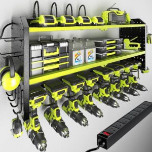 KAFAHOM Power Tool Organizer with Charging Station, Built in 8 Outlet Power Strip,Large 8 Drill Holder Wall Mount, Heavy Duty Metal Power Tool Storage Rack Tool Shelf for Garage...