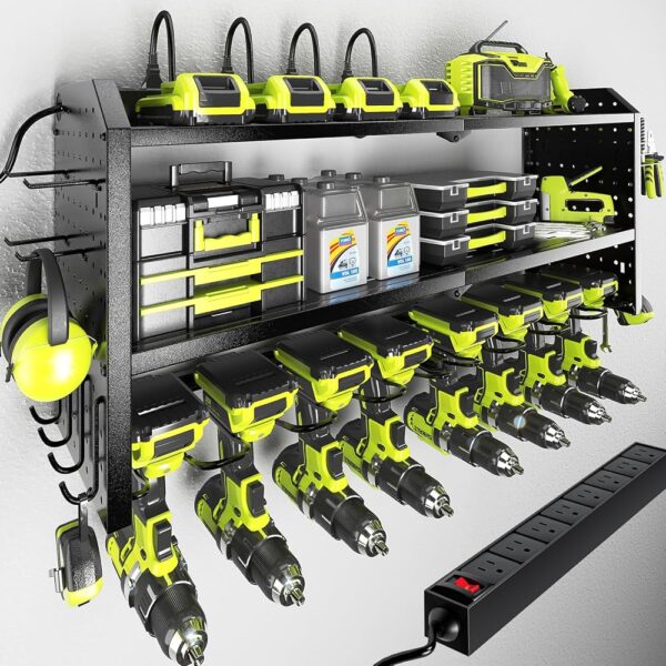 KAFAHOM Power Tool Organizer with Charging Station, Built in 8 Outlet Power Strip,Large 8 Drill Holder Wall Mount, Heavy Duty Metal Power Tool Storage Rack Tool Shelf for Garage...