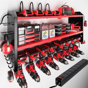 KAFAHOM Power Tool Organizer with Charging Station, Built in 8 Outlet Power Strip, Large 8 Drill Holder Wall Mount, Heavy Duty Metal Power Tool Storage Rack Tool Shelf for...