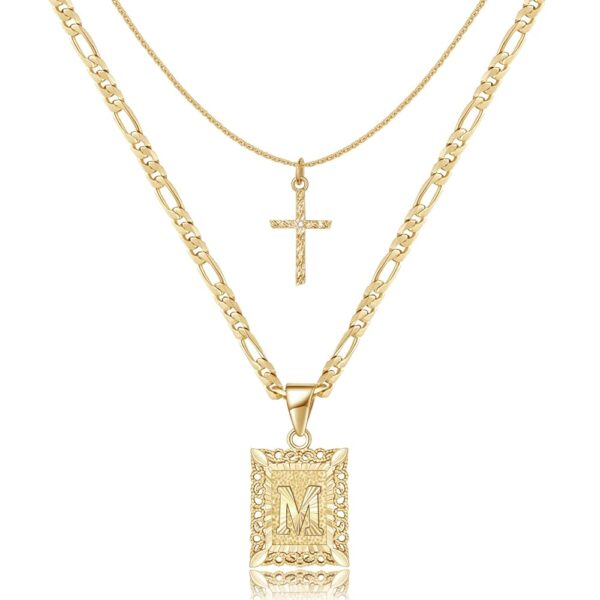 KELORIS PATH Gold Layered Initial Cross Necklace, 14K Gold Plated Layering Square Letter Pendant Figaro Chain Cross Choker from A-Z Capital Jewelry for Women Girls