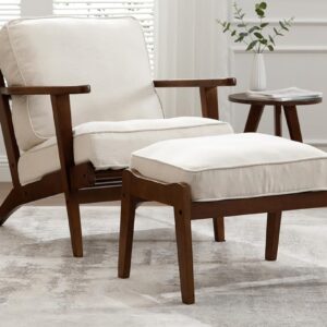 Kmax Mid Century Modern Accent Chair with Ottoman Walnut Linen Fabric Reading Chair Living Room Bedroom Comfy Leisure Chair Footrest, Beige