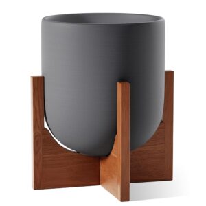 LE TAUCI 10 Inch Plant Pot with Acacia Wood Stand, Ceramic Planters for Indoor Plants, Plant Pots Indoor for Home Decor, Mid-Century Modern Pots for Plants with Drainage Hole...