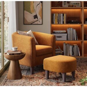 LINSY Accent Chair and Ottoman Set: Chenille Barrel Chair with Foot Rest, Mid-Century Modern Small Reading Chair Upholstered Armchair with Footrest for Living Room Bedroom Study...